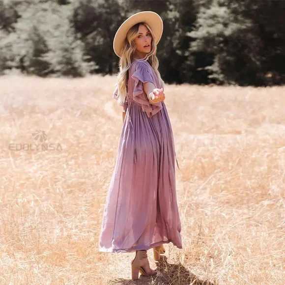 Butterfly Orchid Boho Gauze Button Front Flutter Maxi Dress W/Adjustable Tie - Picture 3 of 12